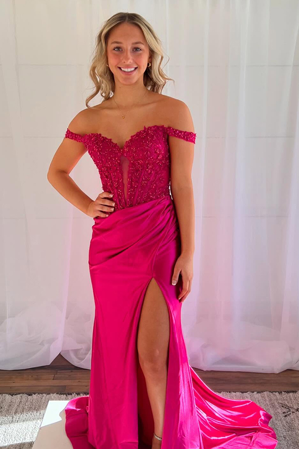 Blush Mermaid Off the Shoulder Corset Prom Dress with Appliques