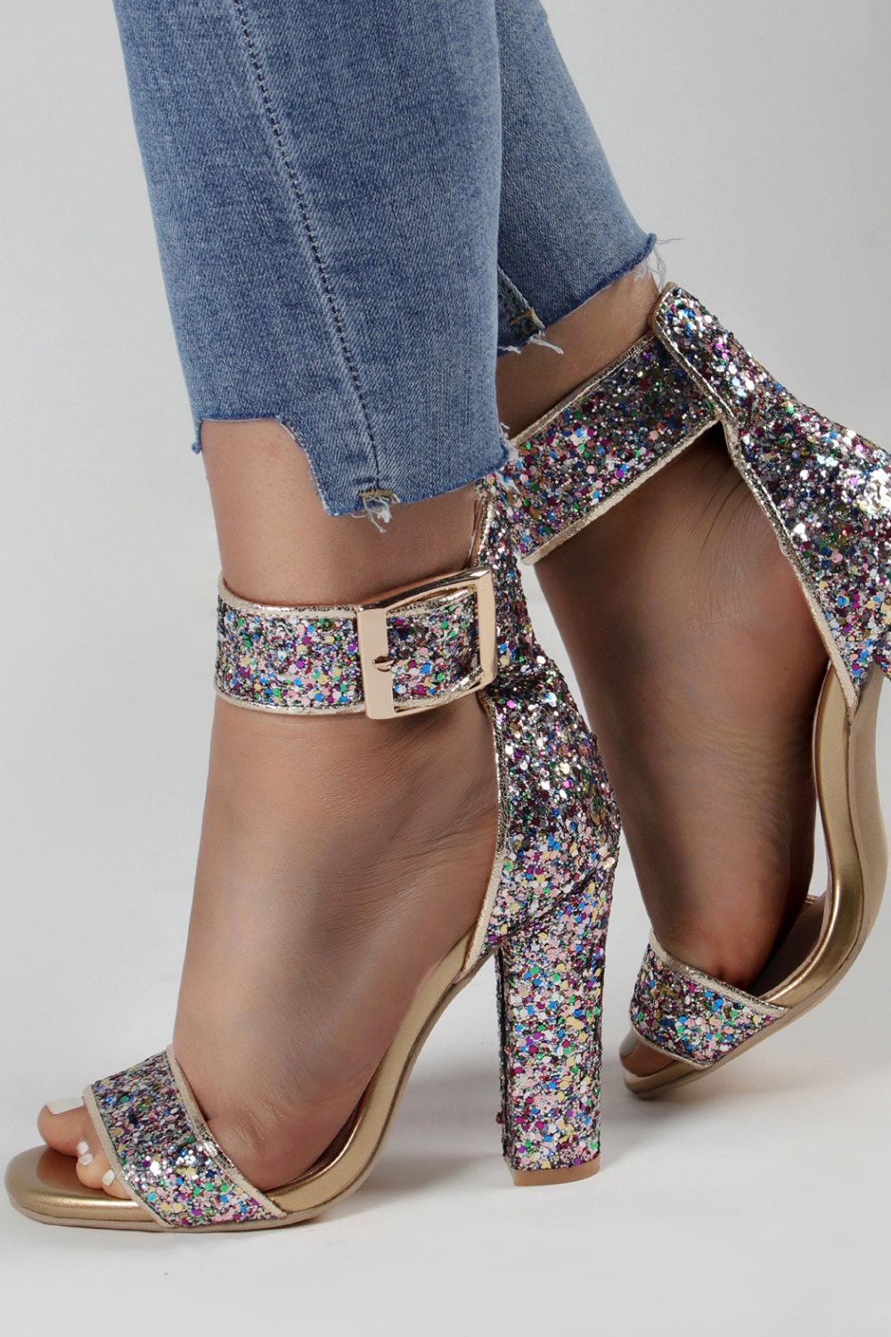 Silver Chunky Heel Rhinestone High Heel Sandals