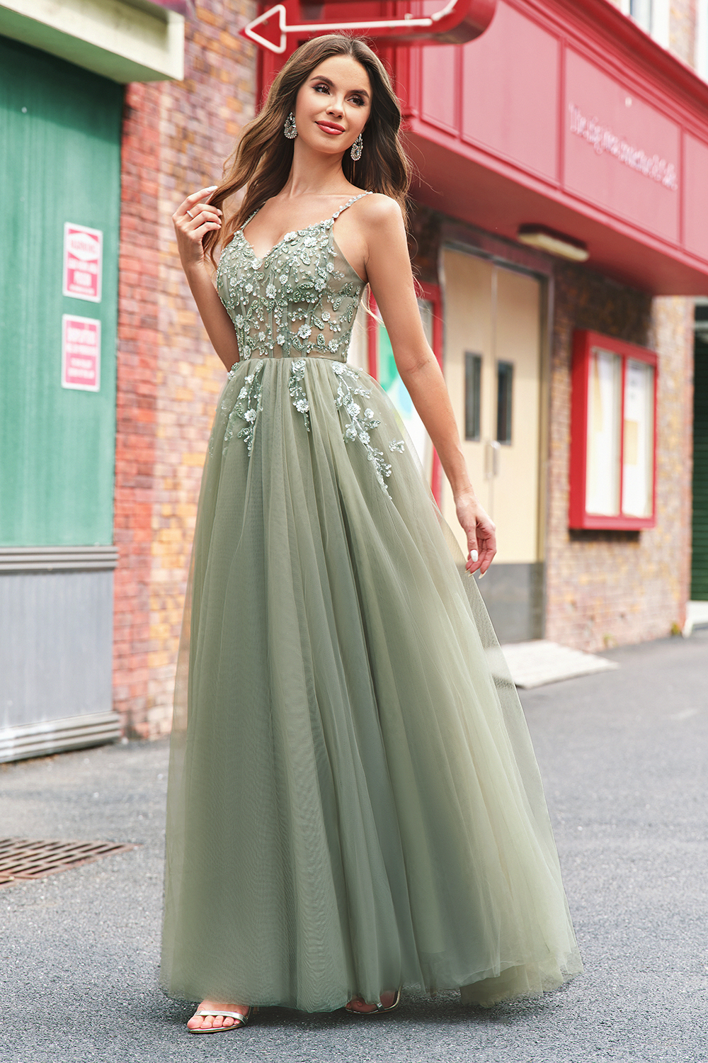 Sparkly Floral Green Corset Tulle Long Prom Dress