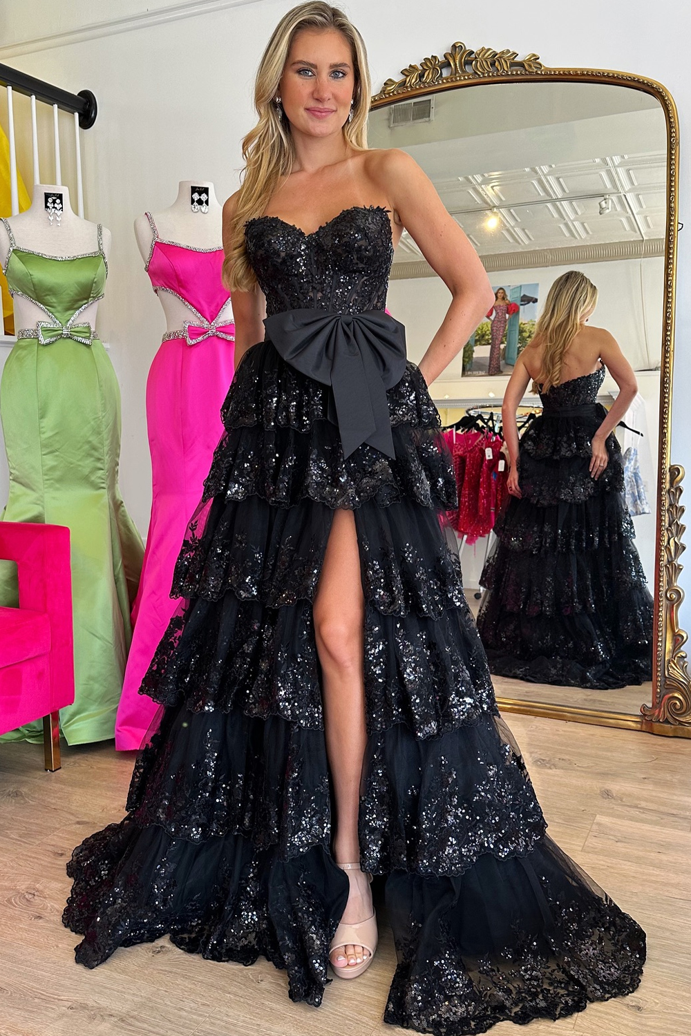 Sparkly Black Sweetheart Ruffled Bow Long Prom Dress with Slit