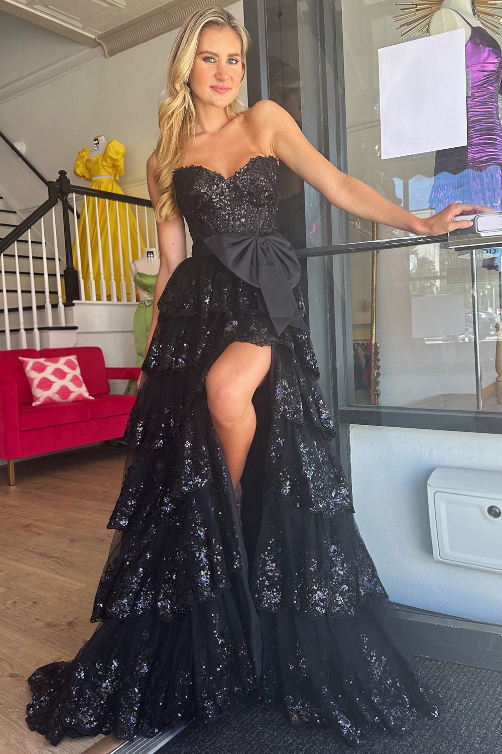 Sparkly Black Sweetheart Ruffled Bow Long Prom Dress with Slit