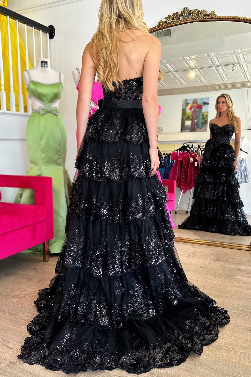 Sparkly Black Sweetheart Ruffled Bow Long Prom Dress with Slit