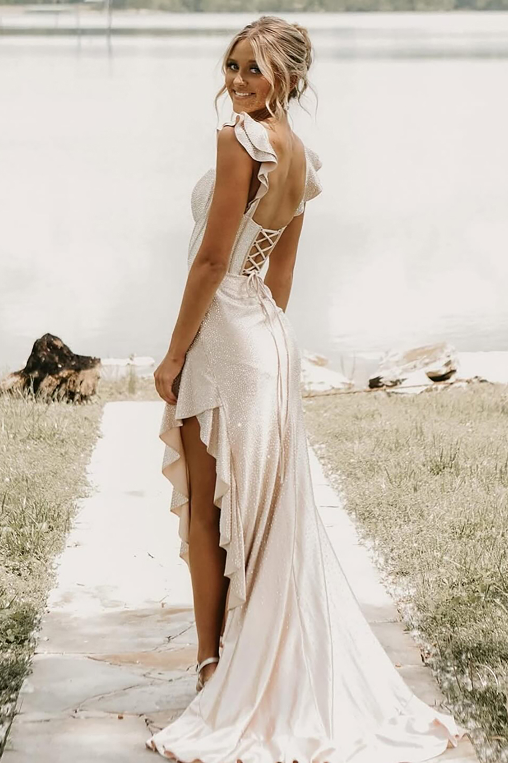 Yellow Mermaid Corset Asymmetrical Prom Dress with Ruffles