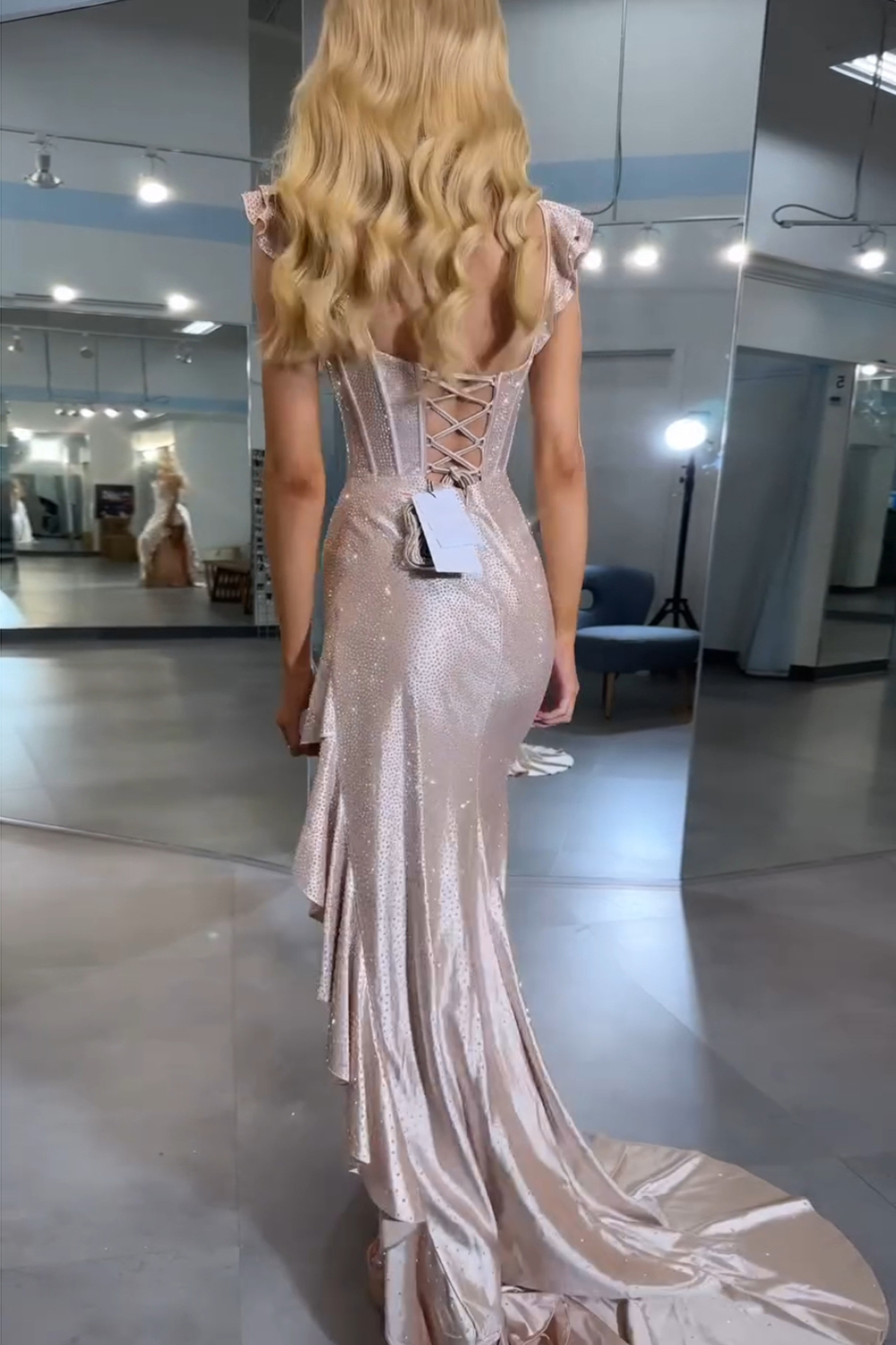 Yellow Mermaid Corset Asymmetrical Prom Dress with Ruffles