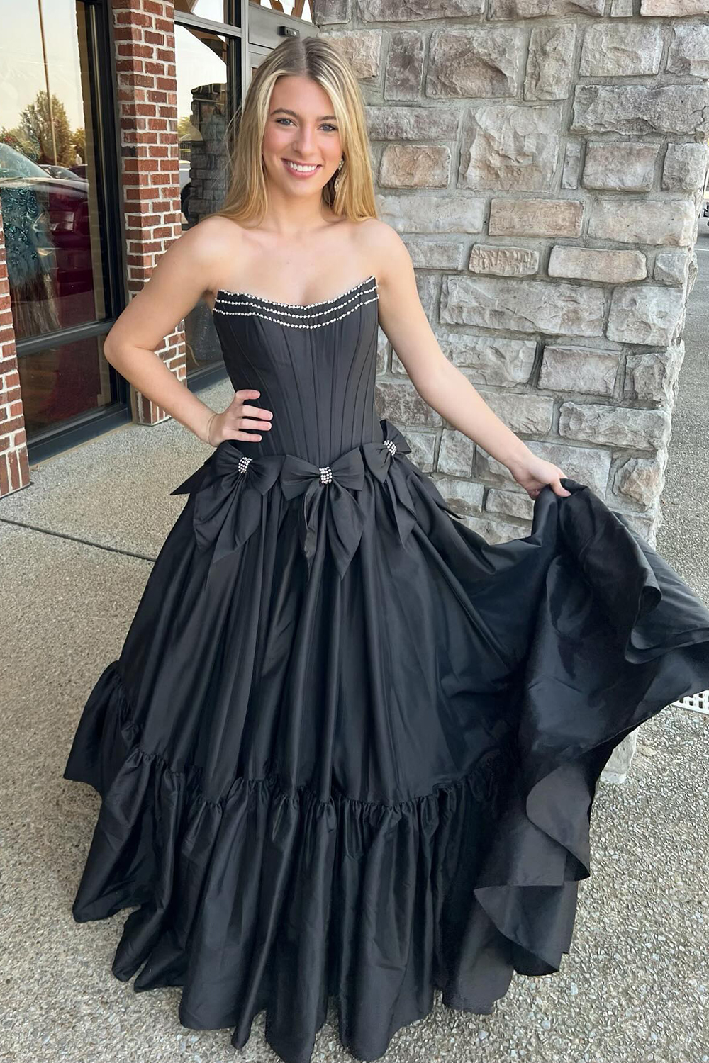Sprkly A Line Black Strapless Corset Long Pleated Prom Dress with Bow