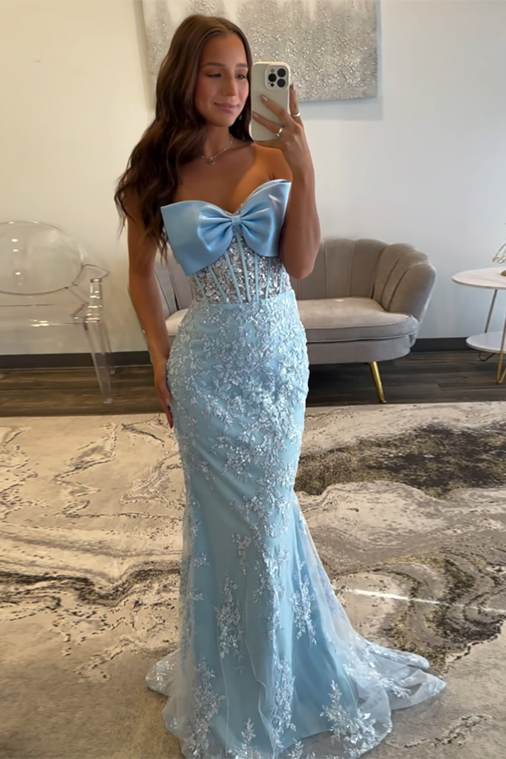 Floral Mermaid Sky Blue Strapless Long Prom Dress with Bow