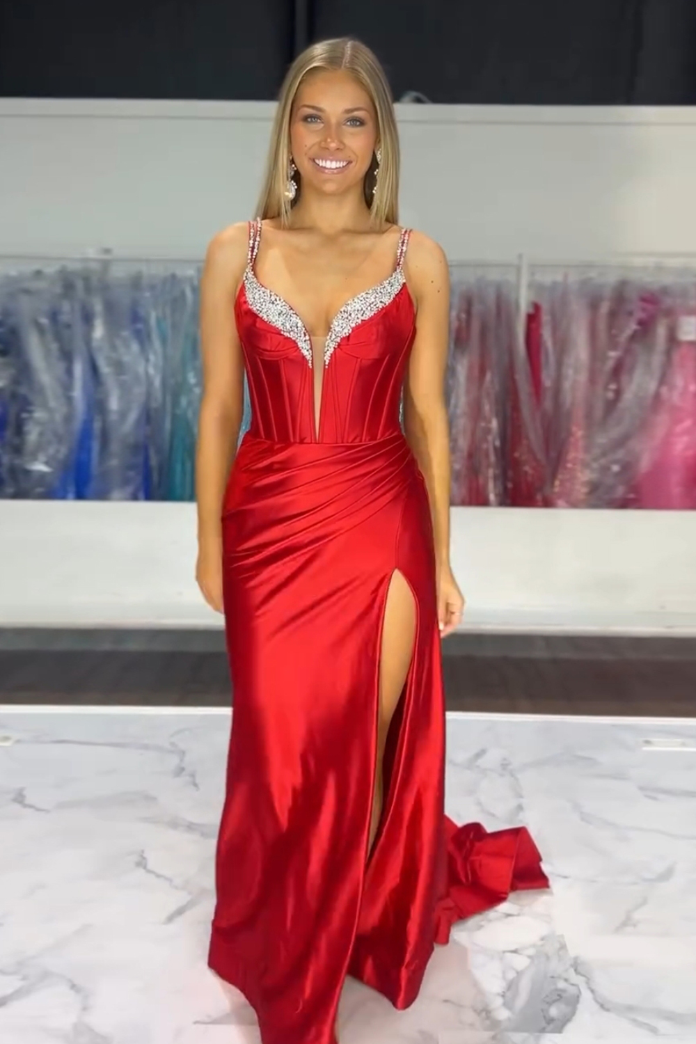 Sparkly Fuchsia Spaghetti Straps Mermaid Corset Prom Dress with Slit