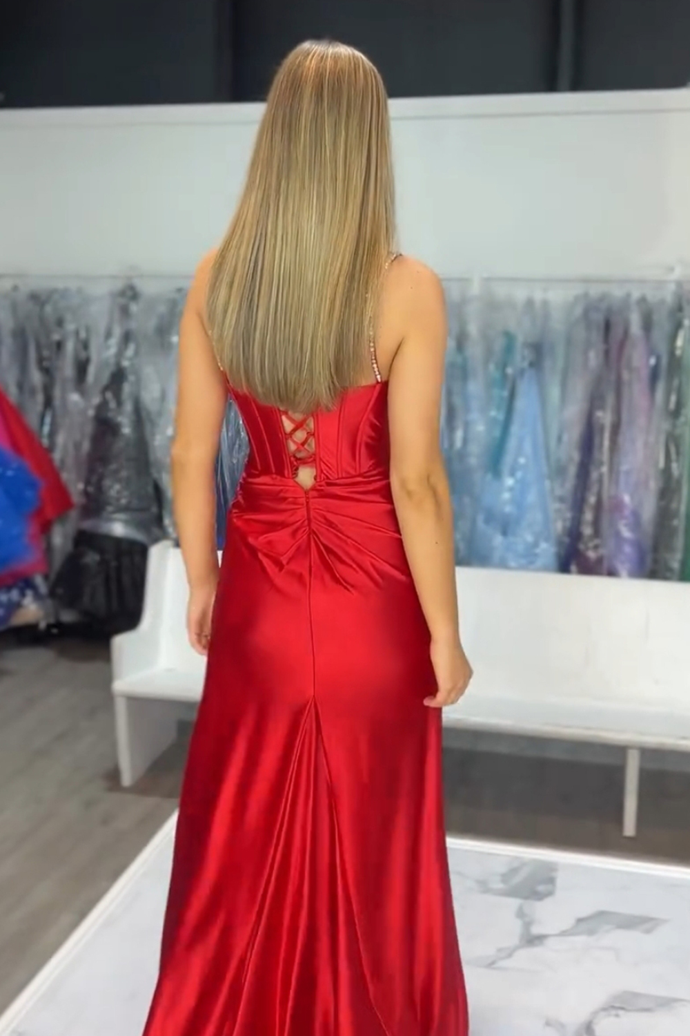 Sparkly Fuchsia Spaghetti Straps Mermaid Corset Prom Dress with Slit