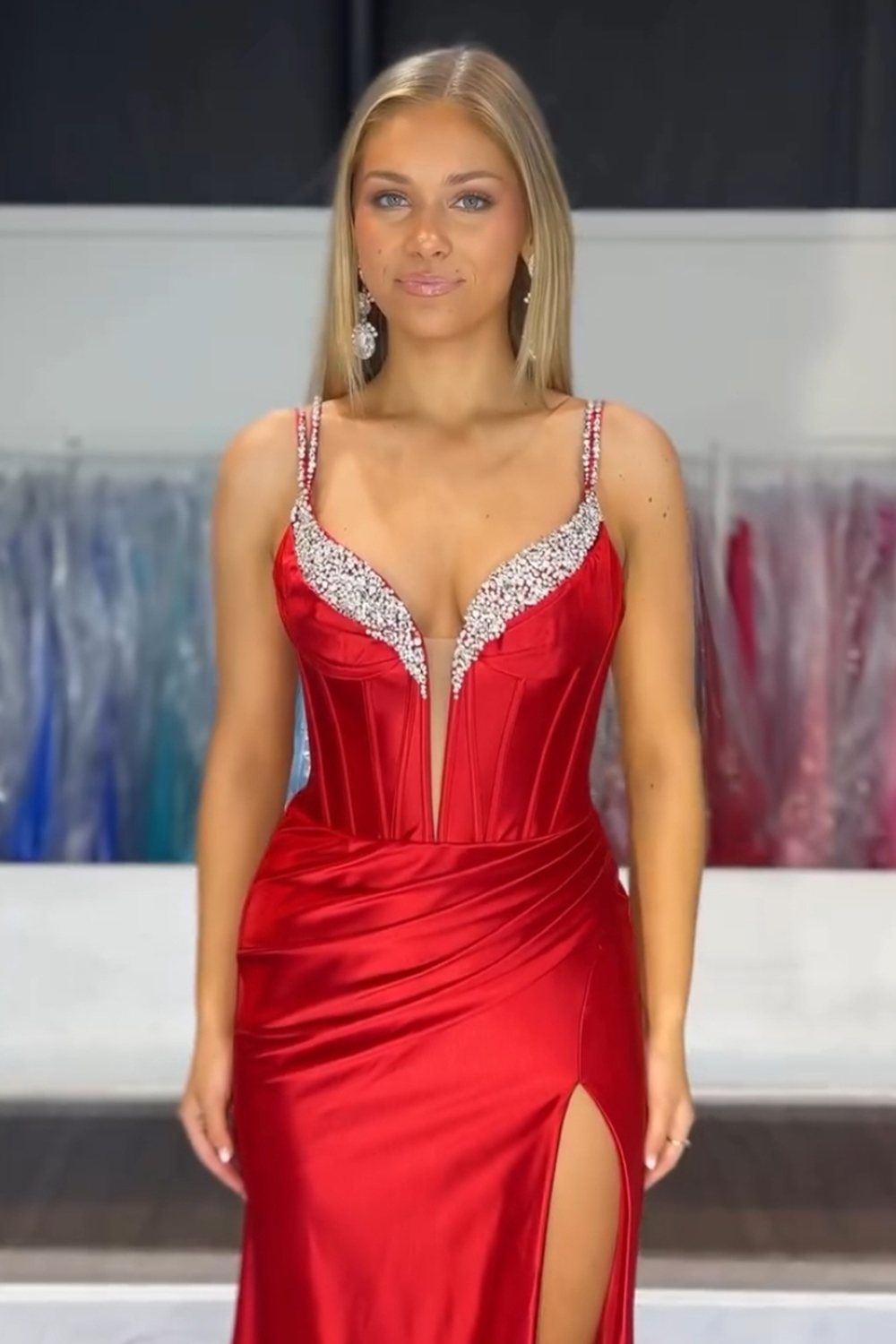 Sparkly Fuchsia Spaghetti Straps Mermaid Corset Prom Dress with Slit