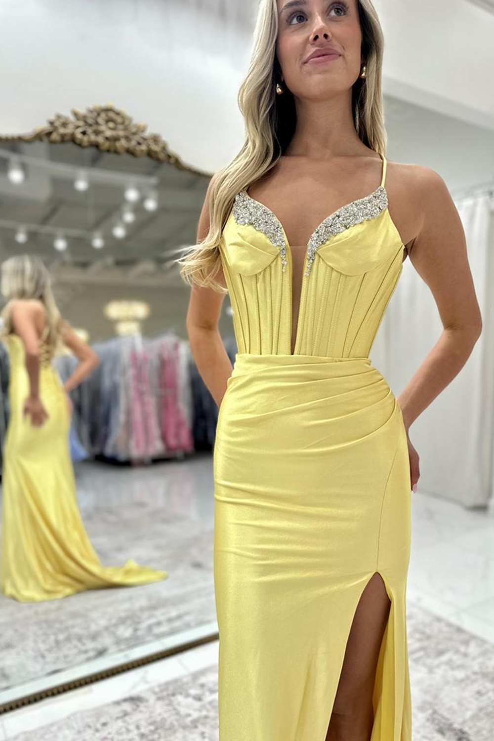 Sparkly Fuchsia Spaghetti Straps Mermaid Corset Prom Dress with Slit