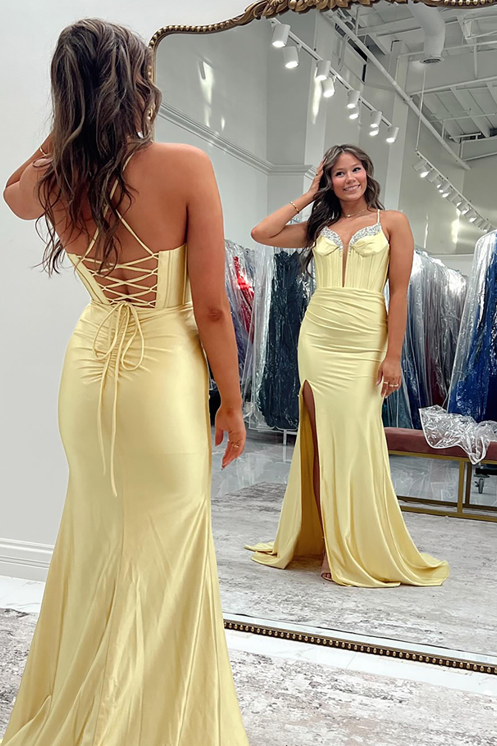 Yellow Spaghetti Straps Sparkly Mermaid Corset Prom Dress with Slit