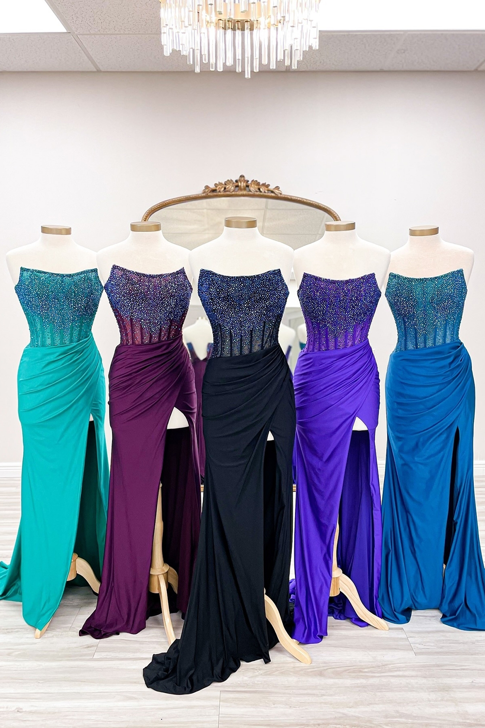 Sparkly Red Strapless Corset Long Prom Dress with Slit