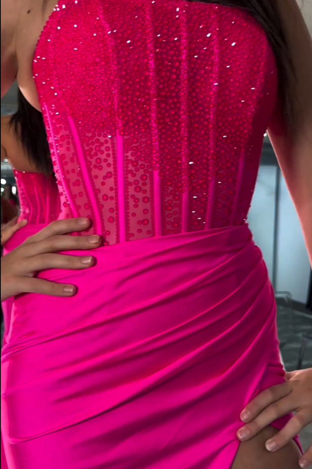 Sparkly Red Bateau Neck Corset Long Prom Dress with Slit