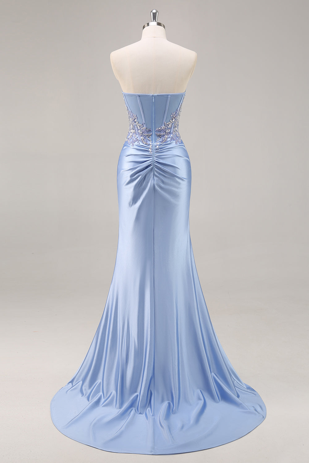Saprkly Blue Satin Strapless Mermaid Corset Long Prom Dress with Slit