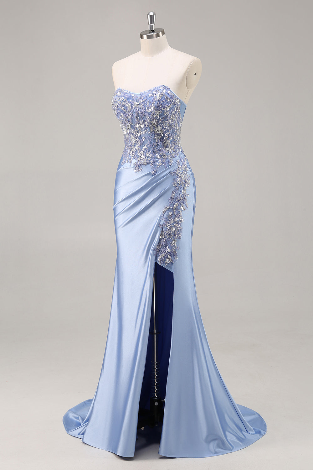 Saprkly Blue Satin Strapless Mermaid Corset Long Prom Dress with Slit
