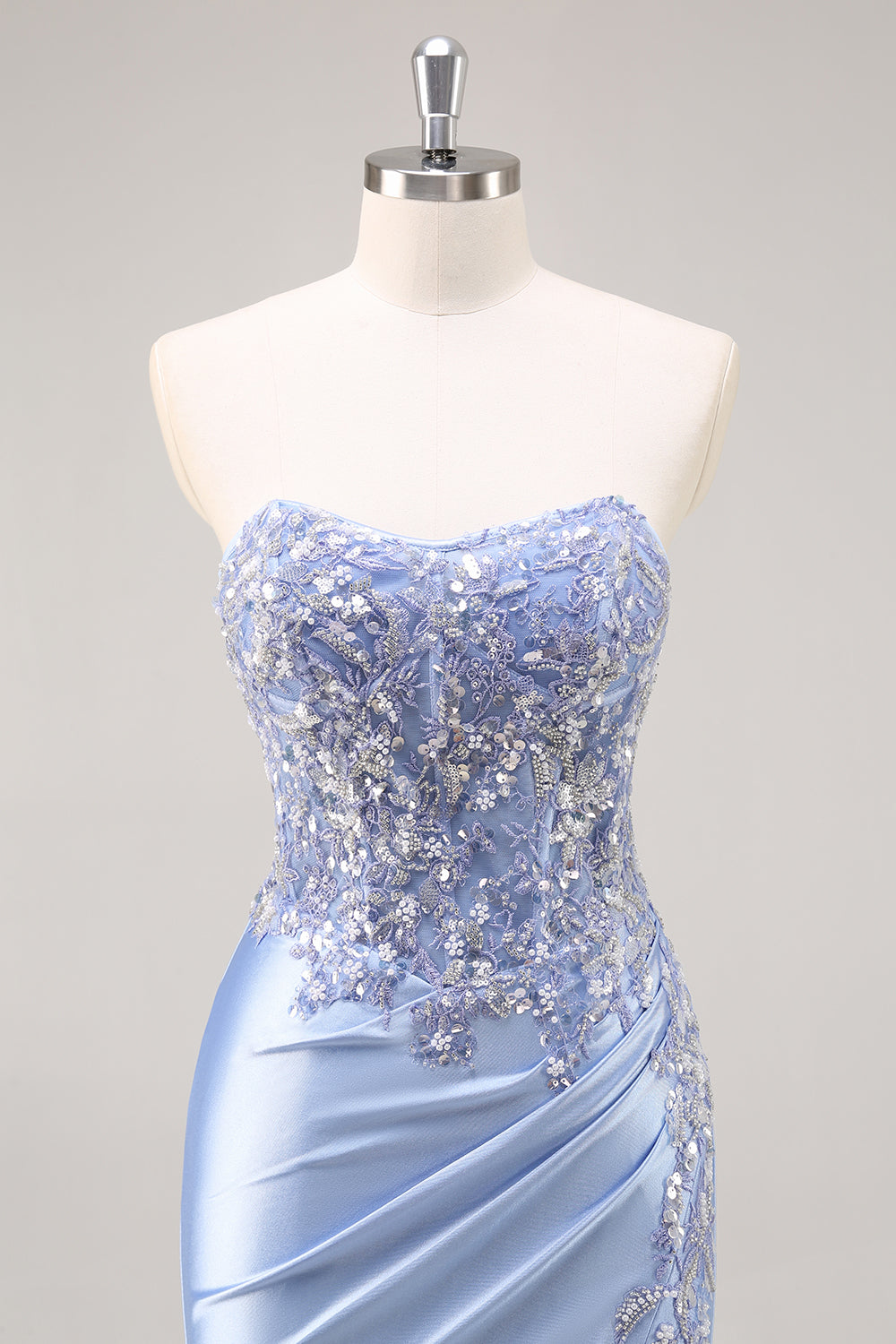 Saprkly Blue Satin Strapless Mermaid Corset Long Prom Dress with Slit