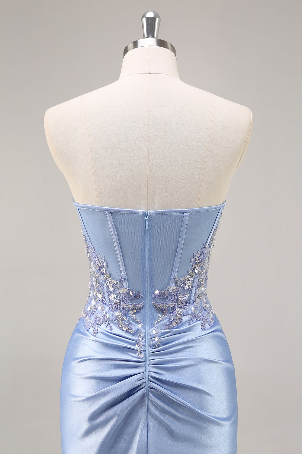 Saprkly Blue Satin Strapless Mermaid Corset Long Prom Dress with Slit