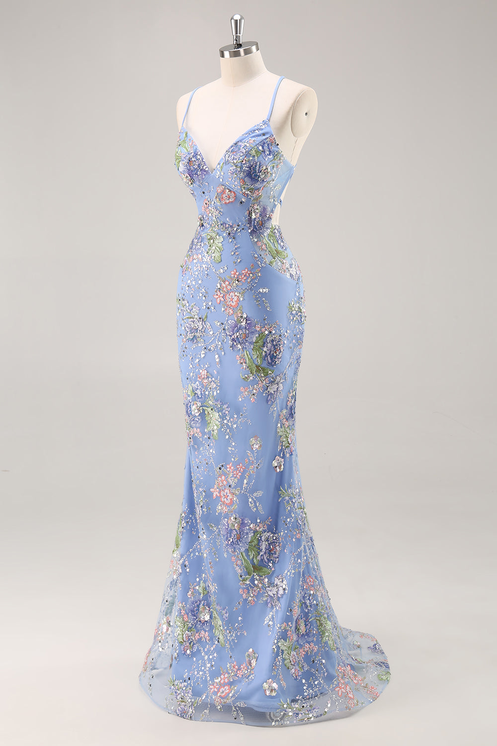 Sparkly Lilac Floral Beaded Mermaid Long Prom Dress with Sequins