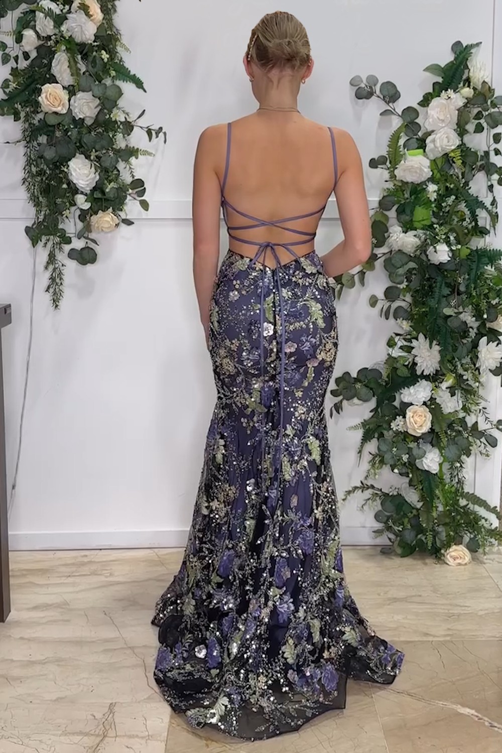 Sparkly Navy Floral Mermaid Spaghetti Straps Long Prom Dress