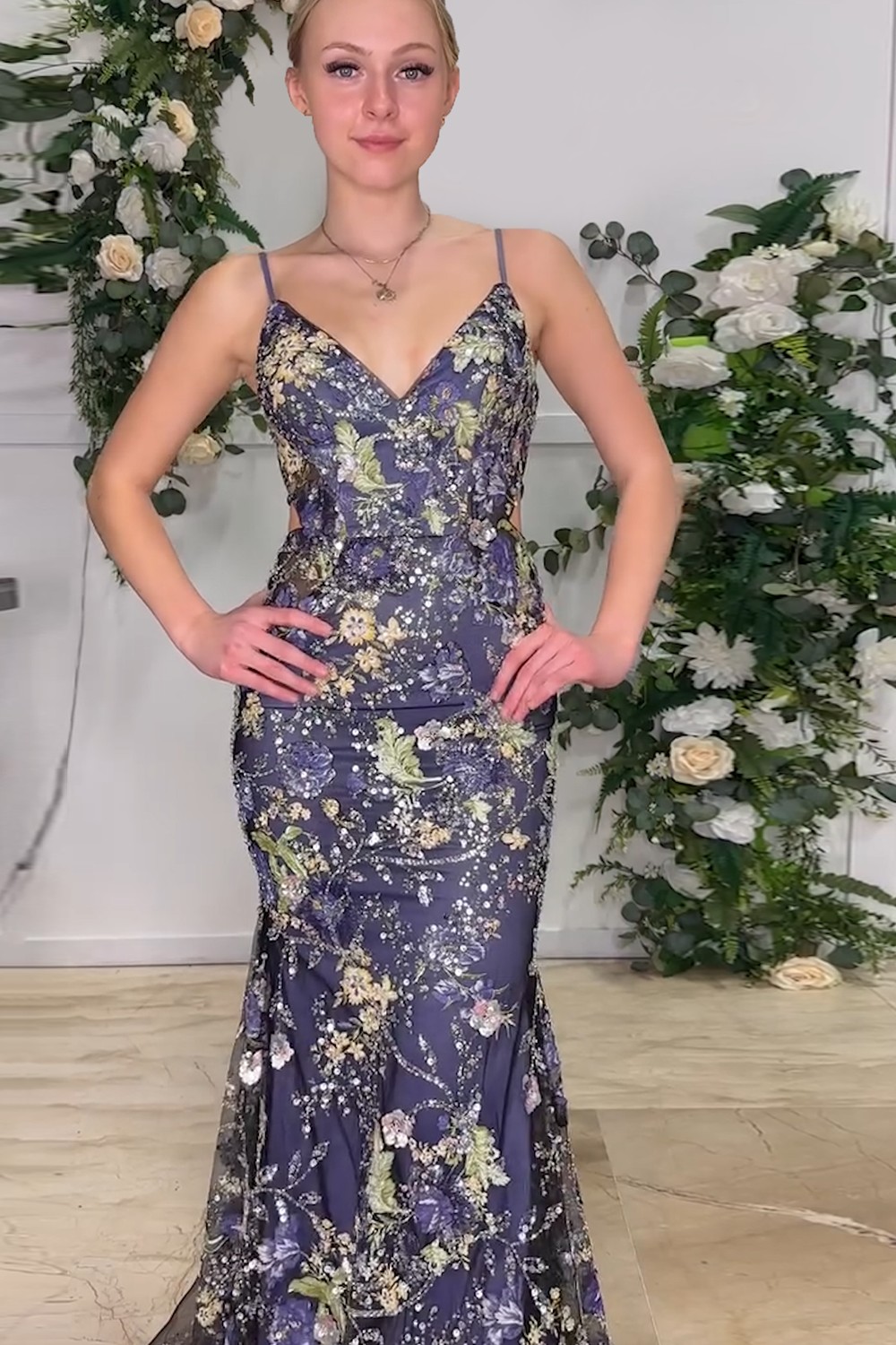 Sparkly Navy Floral Mermaid Spaghetti Straps Long Prom Dress