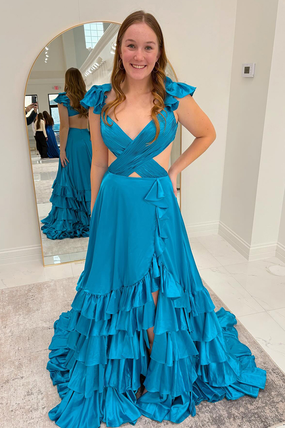 A Line Red Hollow Out Tiered Satin Long Prom Dress with Ruffles