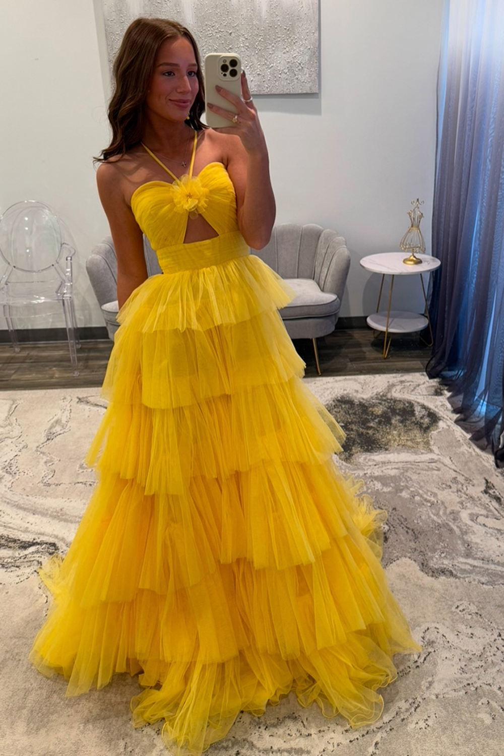 A Line Orange Halter Tiered Tulle Long Prom Dress with Keyhole 