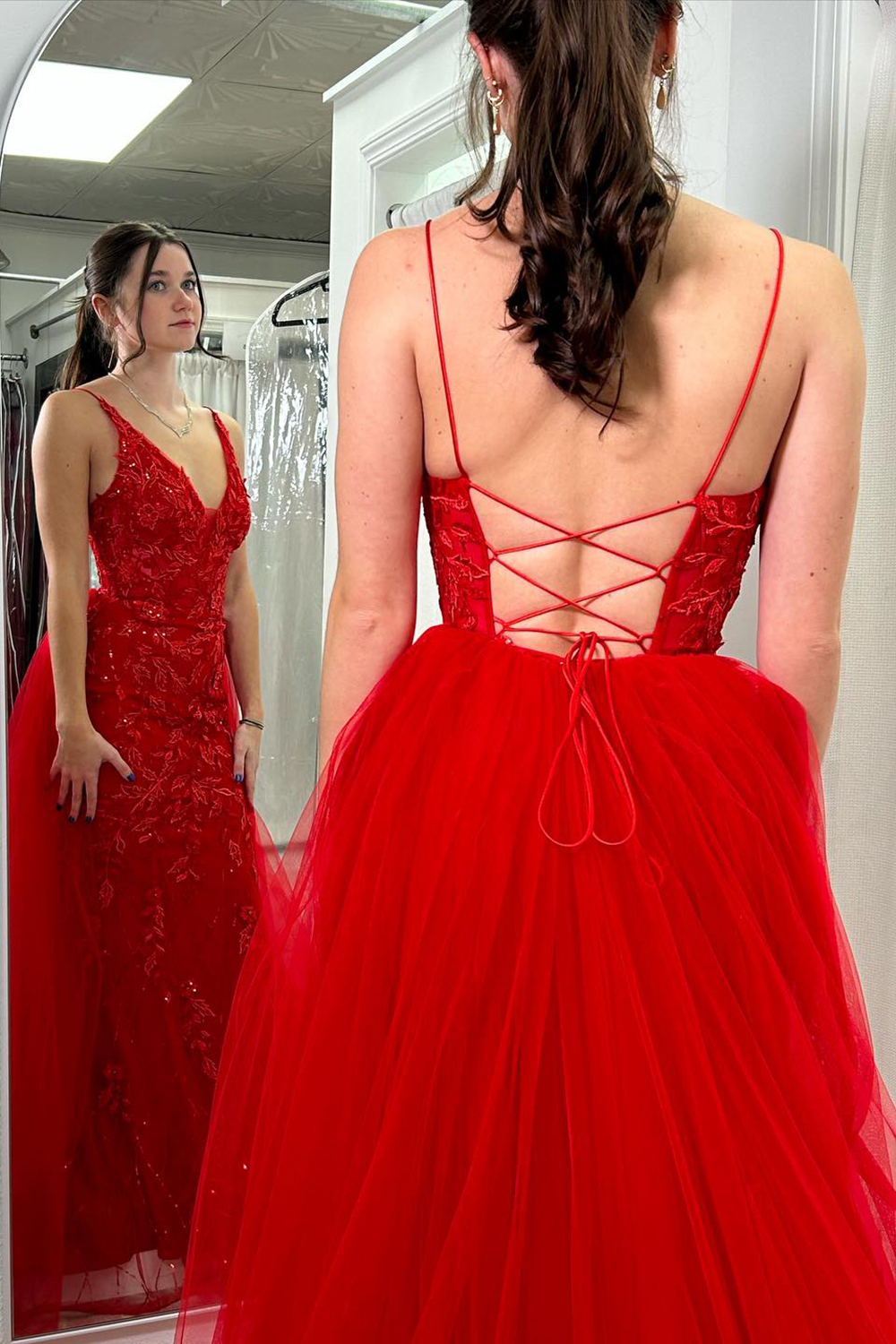 Sparkly Red Spaghetti Straps Floral Mermaid Long Prom Dress