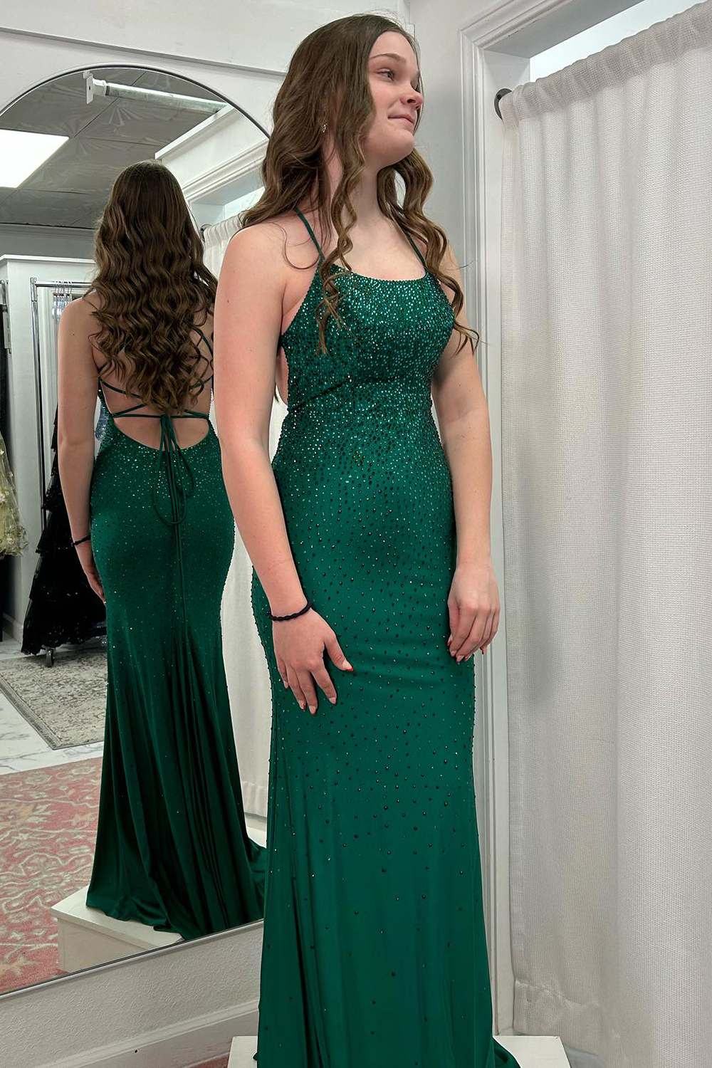 Sparkly Dark Green Spaghetti Straps Mermaid Satin Long Prom Dress