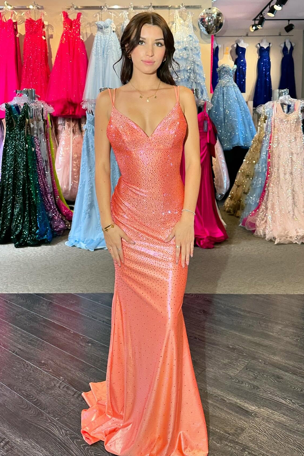 Sparkly Orange Spaghetti Straps Mermaid Long Prom Dress