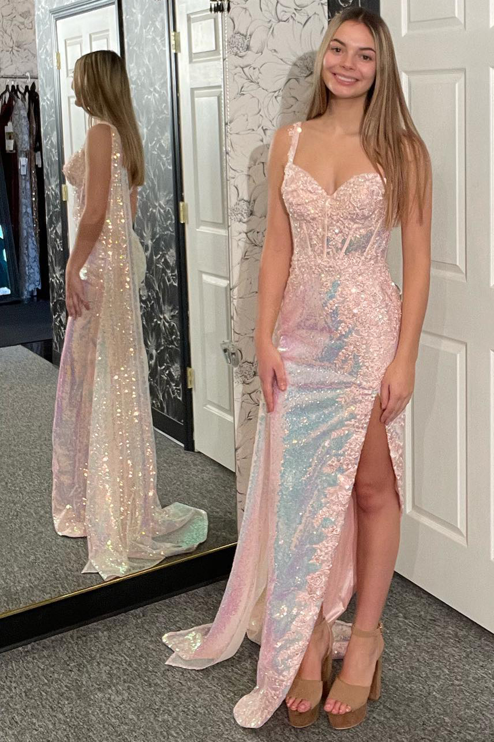 Light Pink Sequined One Shoulder Mermaid Long Prom Dress with Slit