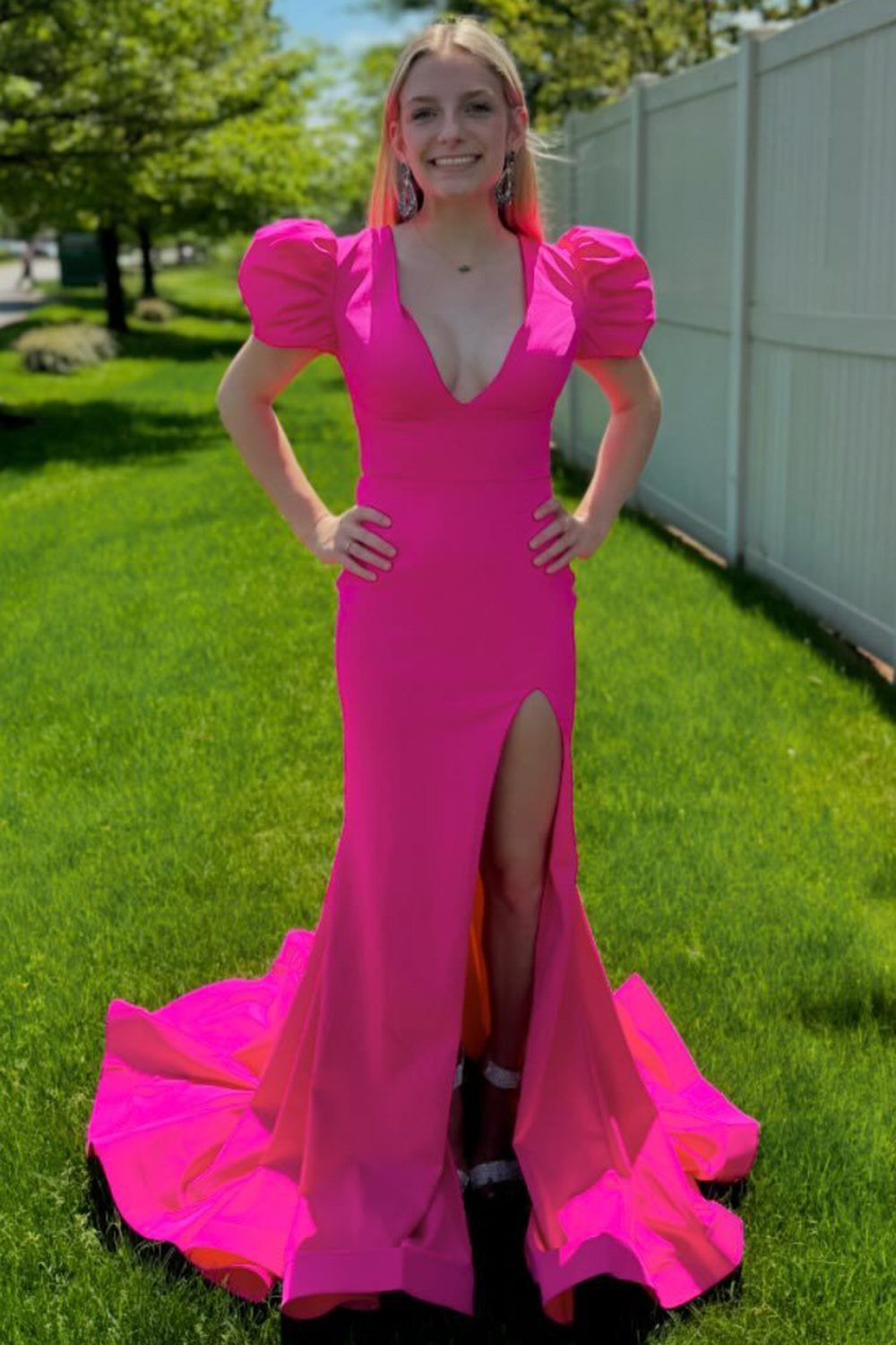Fuchsia Puff Sleeves Mermaid Satin Long Prom Dress with Slit