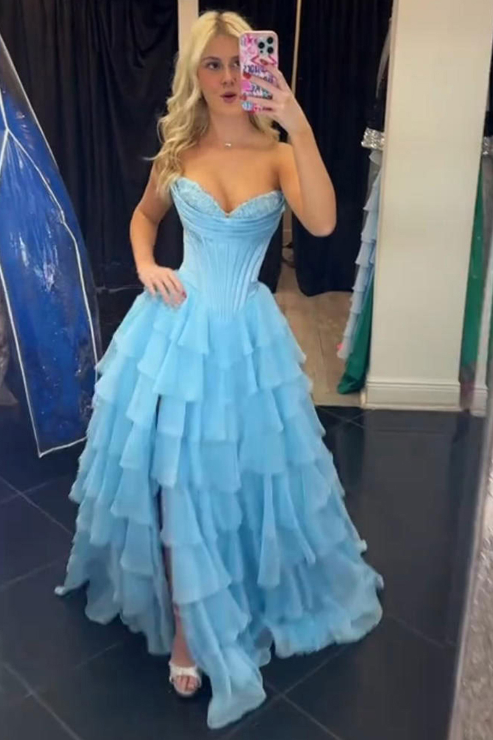 A Line Blue Strapless Tiered Corset Long Prom Dress
