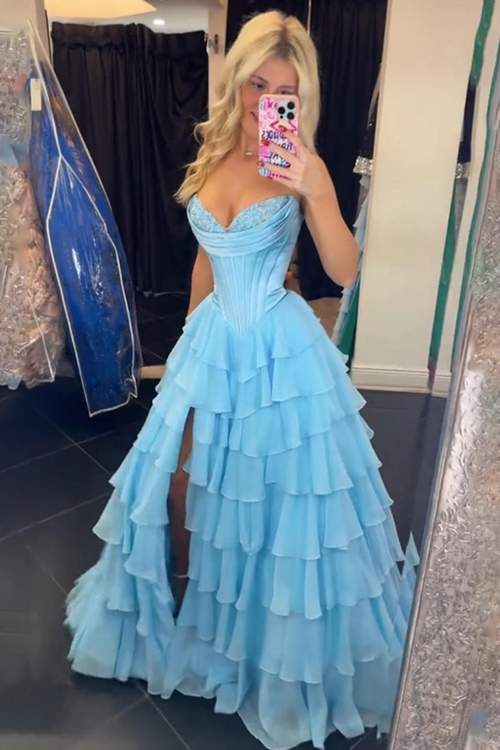 A Line Blue Strapless Tiered Corset Long Prom Dress