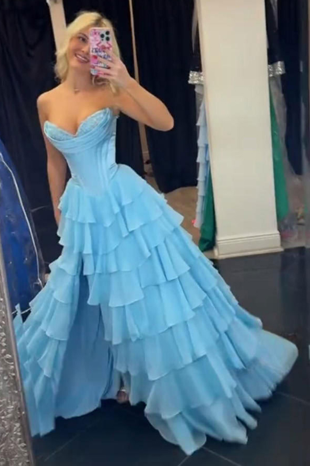 A Line Blue Strapless Tiered Corset Long Prom Dress