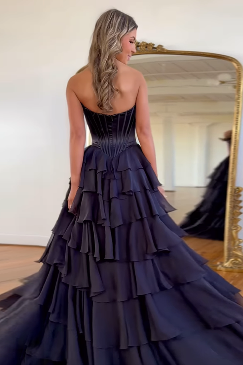 Black A Line Sweetheart Ruffled Corset Long Prom Dress with Slit