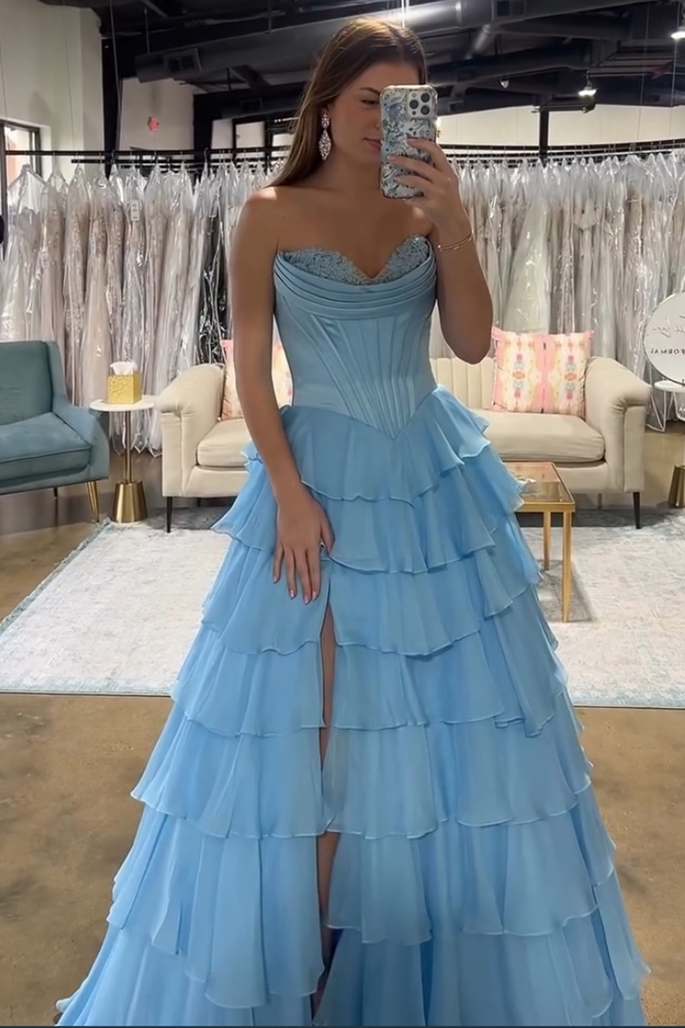 Light Blue A Line Sweetheart Ruffled Corset Long Prom Dress