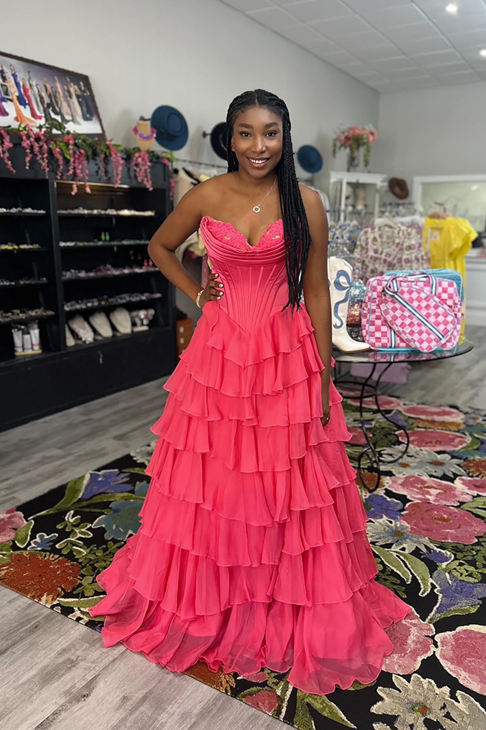  A Line Red Sweetheart Ruffled Long Prom Dress with Slit