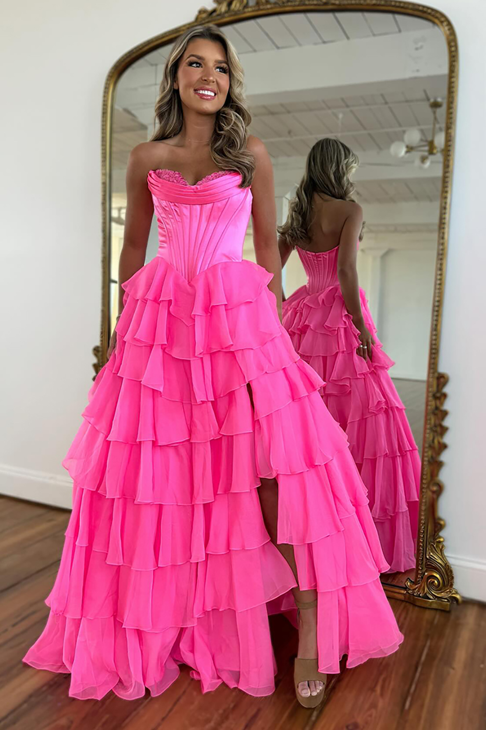 Fuchsia A Line Chiffon Sweetheart Ruffled Long Prom Dress with Slit
