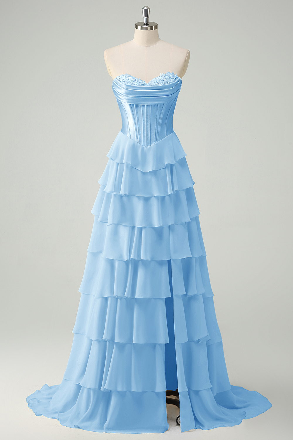Light Blue A Line Sweetheart Ruffled Corset Long Prom Dress