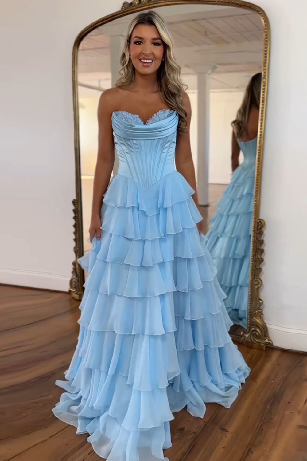 A Line Blue Strapless Tiered Corset Long Prom Dress