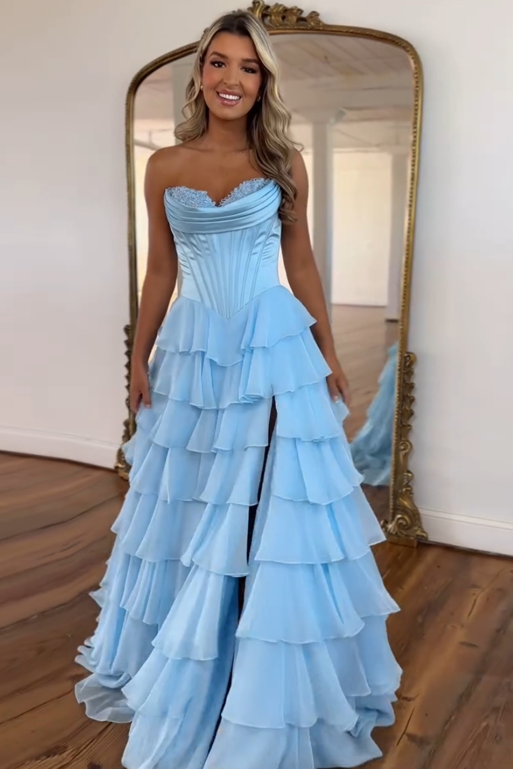 A Line Blue Strapless Tiered Corset Long Prom Dress