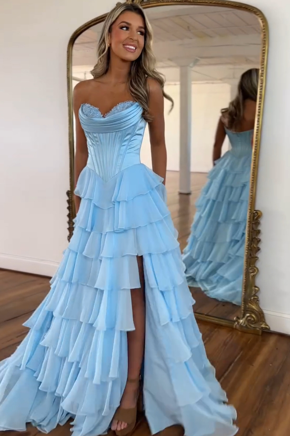 A Line Blue Strapless Tiered Corset Long Prom Dress