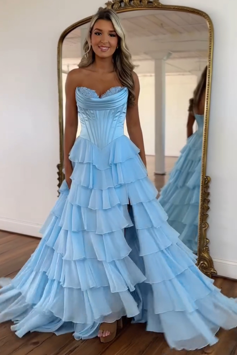 A Line Blue Strapless Tiered Corset Long Prom Dress