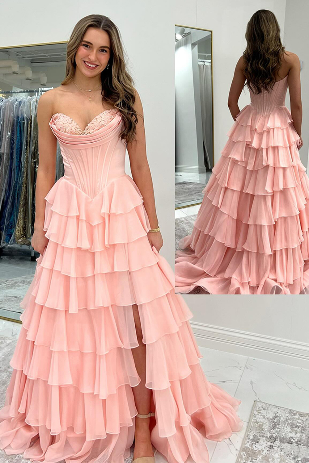  A Line Red Sweetheart Ruffled Long Prom Dress with Slit