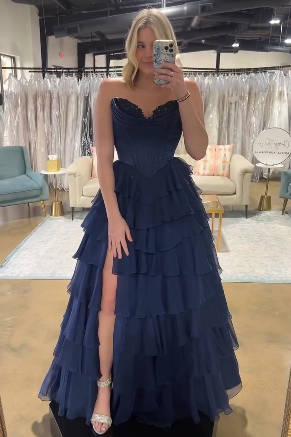 A Line Blue Strapless Tiered Corset Long Prom Dress