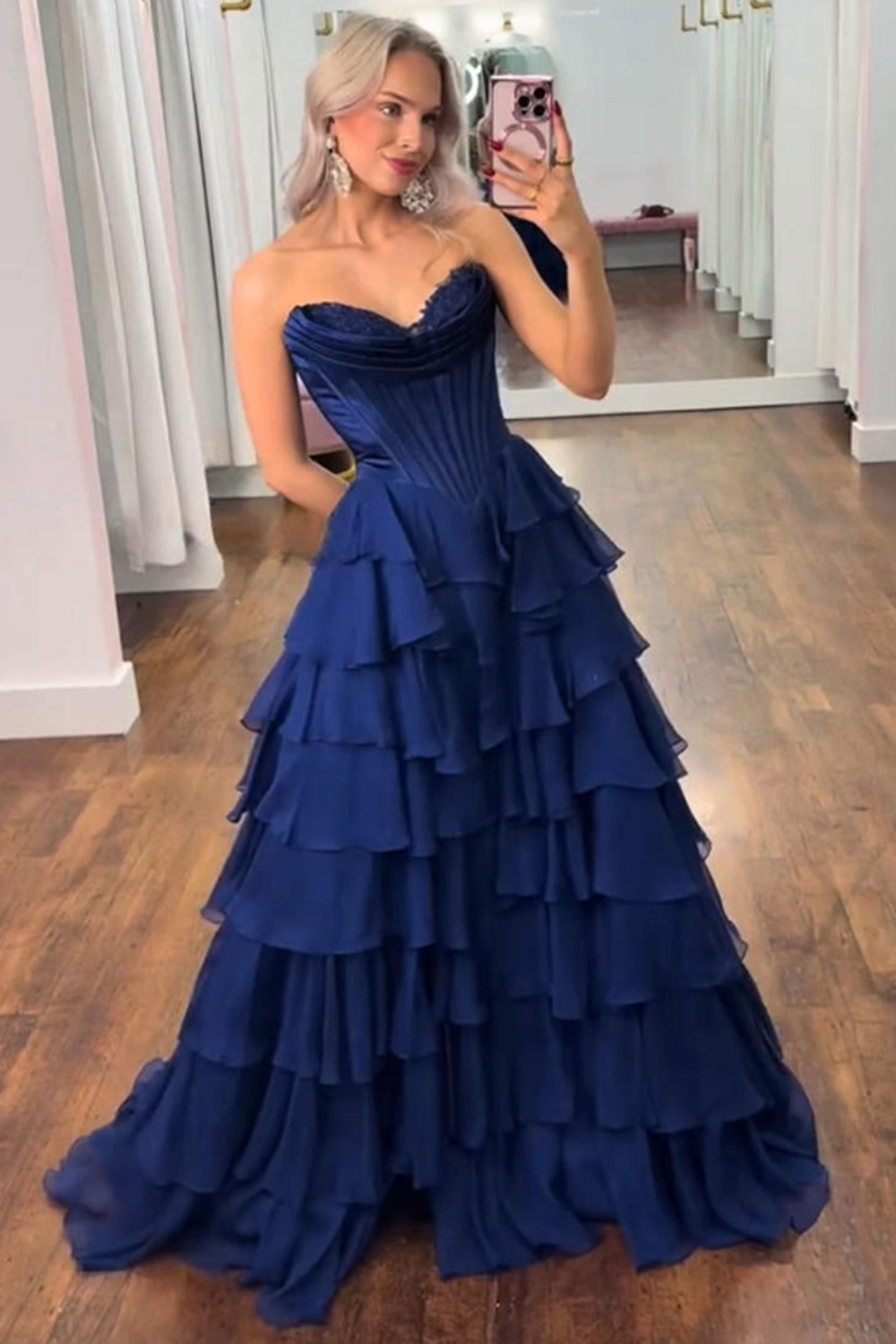 A Line Blue Strapless Tiered Corset Long Prom Dress