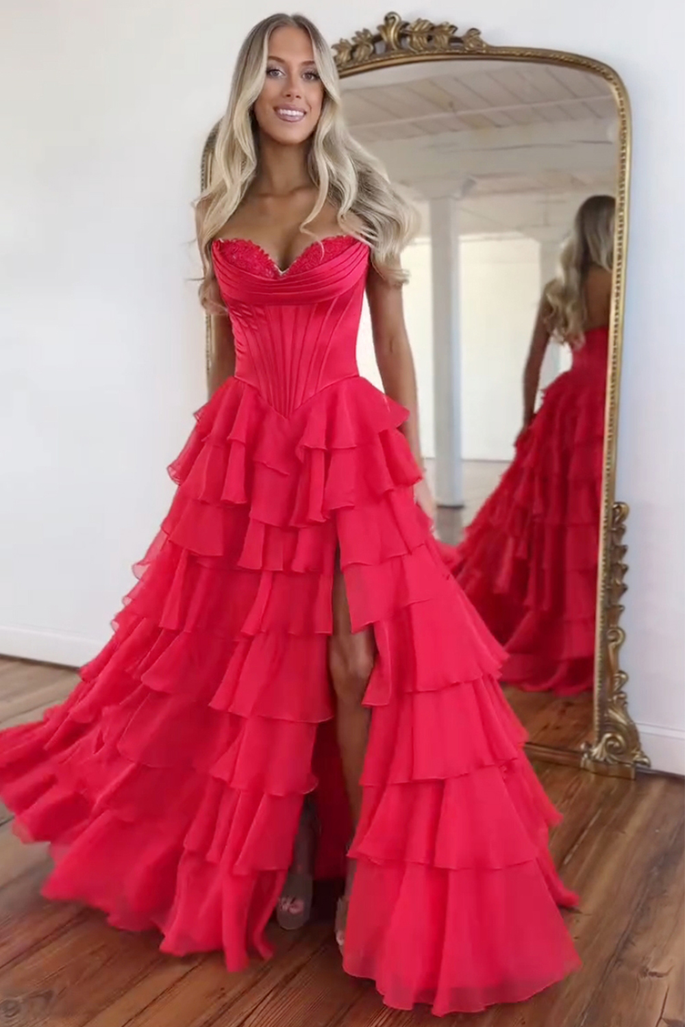  A Line Red Sweetheart Ruffled Long Prom Dress with Slit