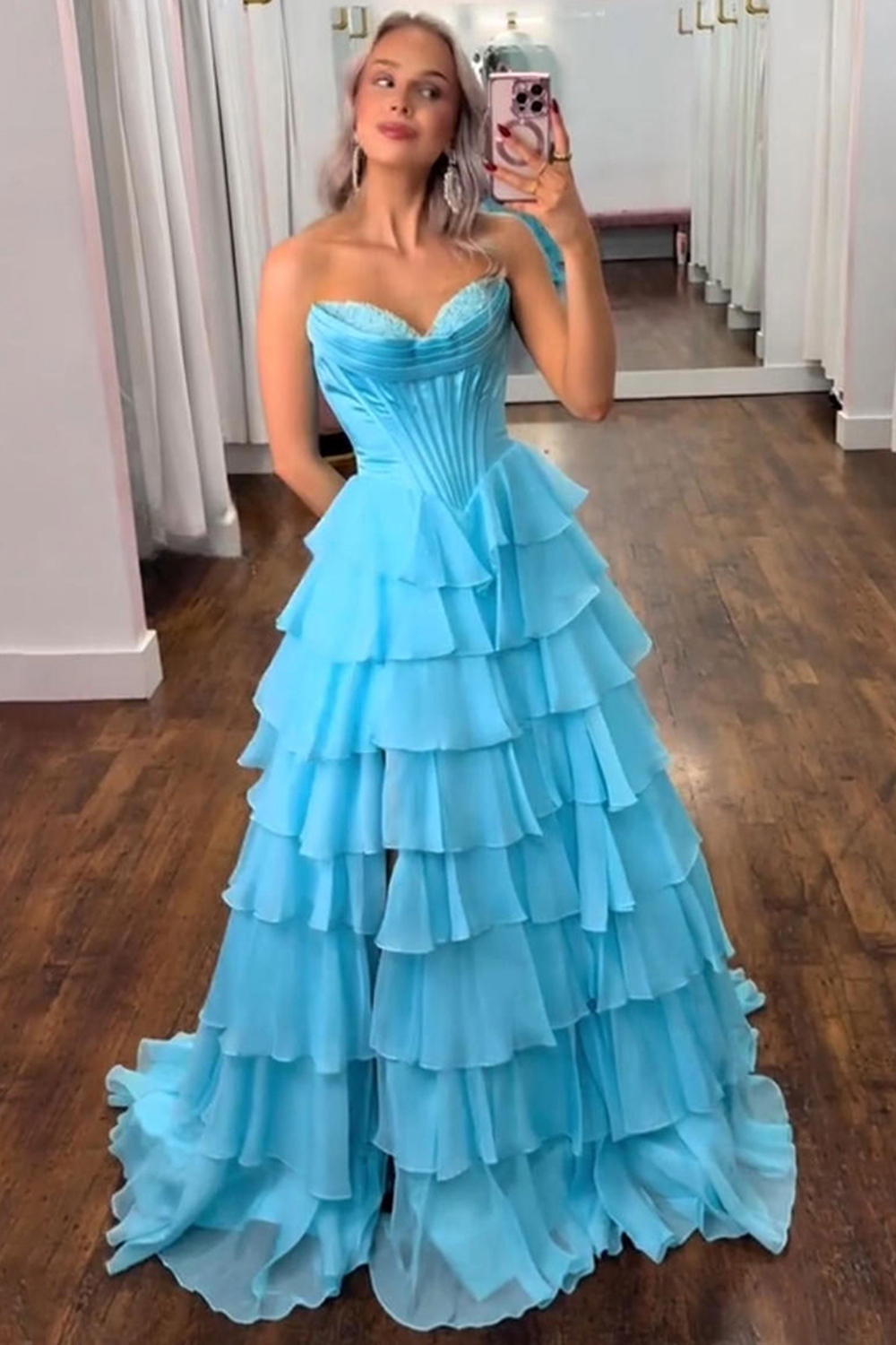 A Line Blue Strapless Tiered Corset Long Prom Dress