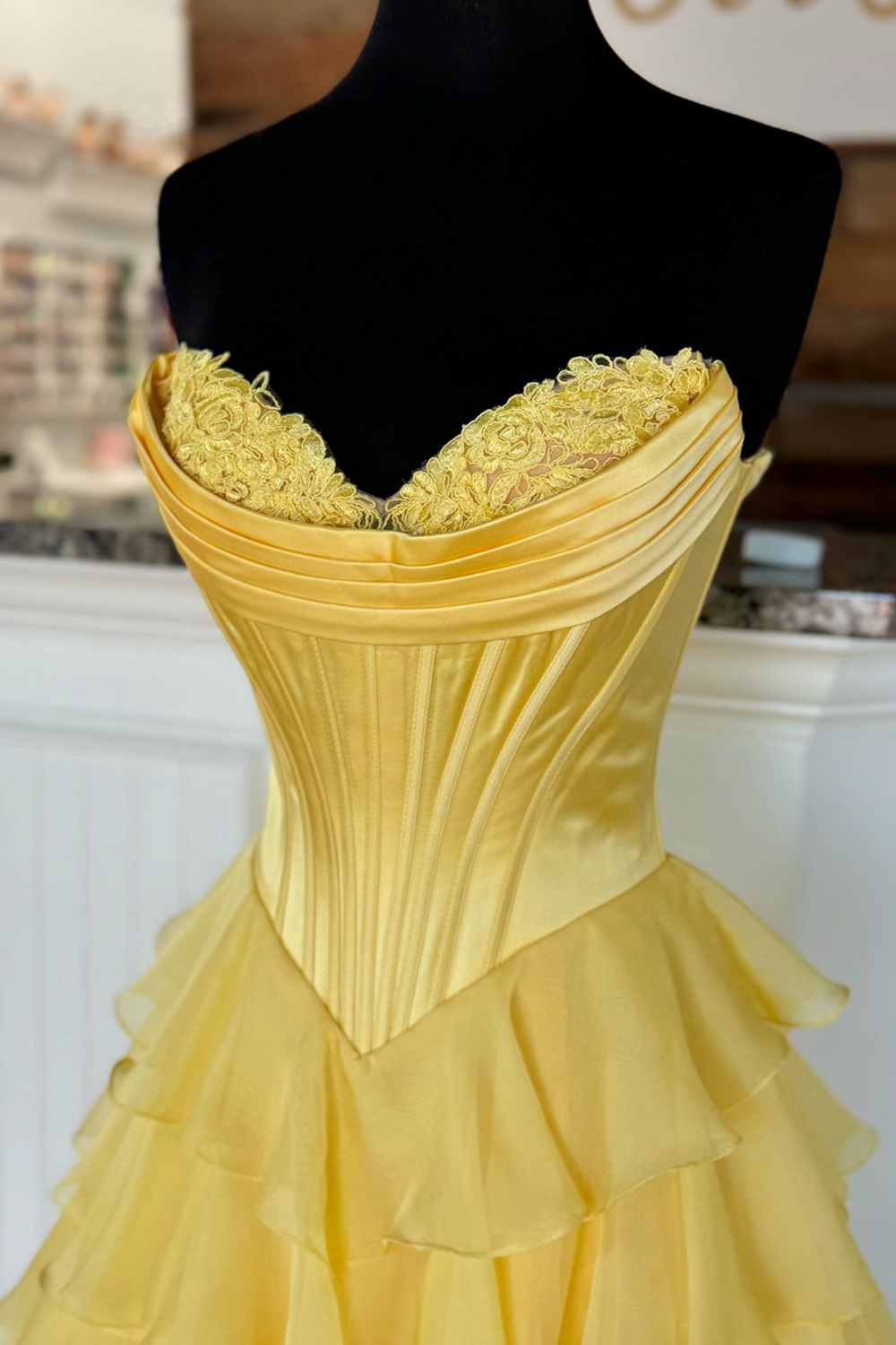 A Line Blue Strapless Tiered Corset Long Prom Dress