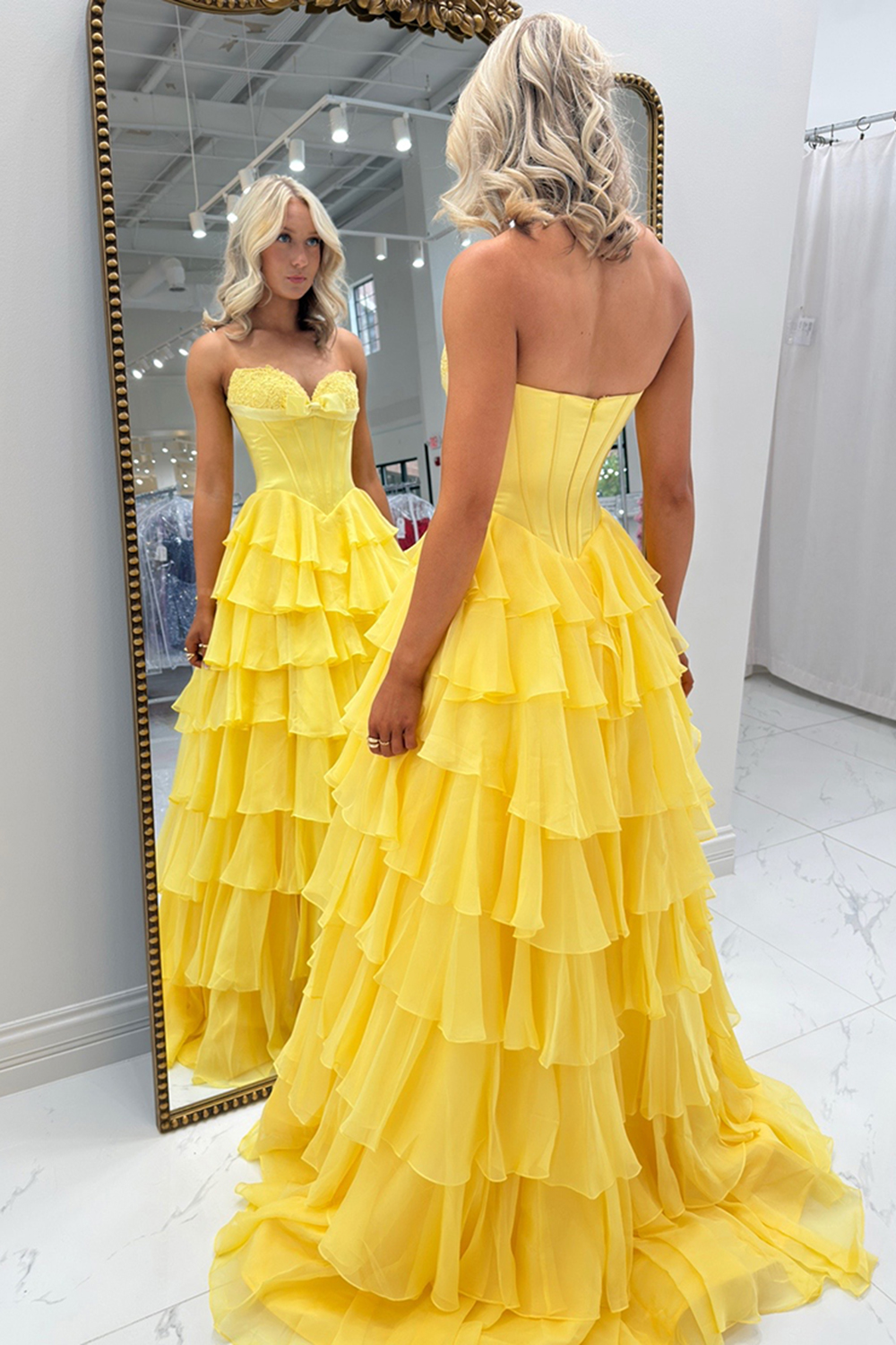 Fuchsia A Line Tiered Ruffled Strapless Long Corset Prom Dress with Slit